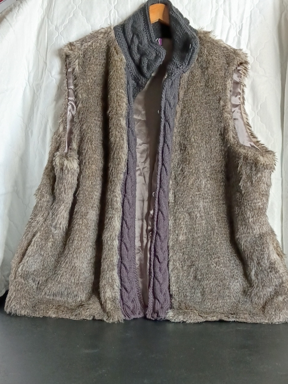Faux Fur Taupe Vest with Knit-Trim Stand Collar